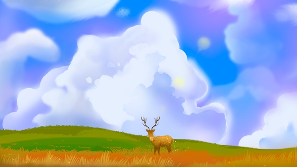 辽阔天空与原野中的小鹿