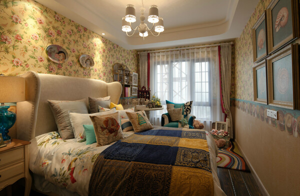 现代时尚轻奢金色花纹背景墙卧室室内装修图