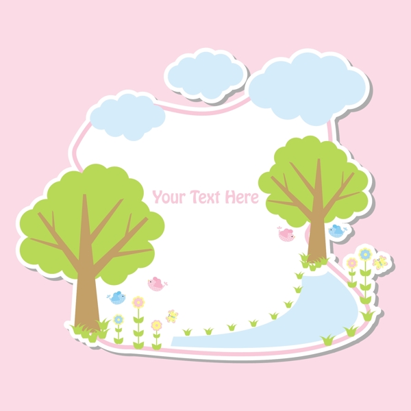 幼儿风格可爱绿树鲜花云朵装饰粉红色背景