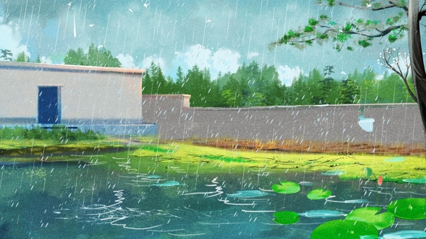 清新夏季围墙荷塘背景设计