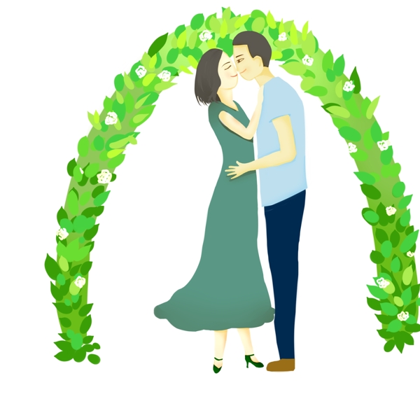 绿色情人节情侣亲吻手绘插图