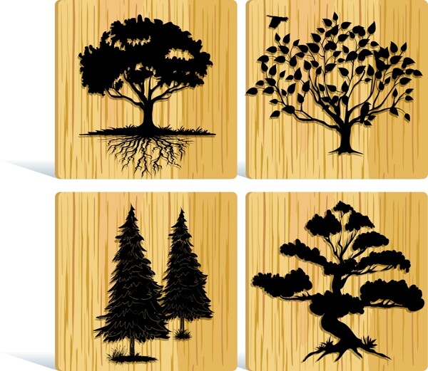 一组木纹背景的树木剪影矢量素材