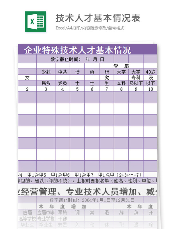 企业特殊技术人才基本情况表excel模板