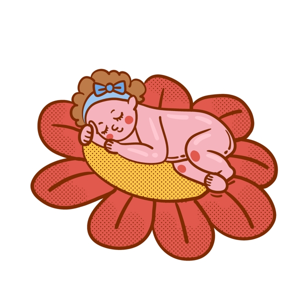 卡通矢量免抠可爱在花朵上睡觉的婴儿