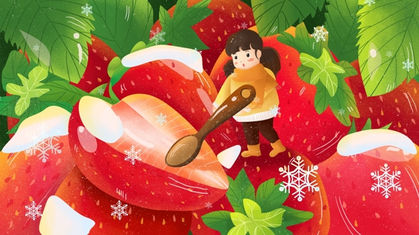冬季下雪大雪红色水果草莓女孩手绘插画