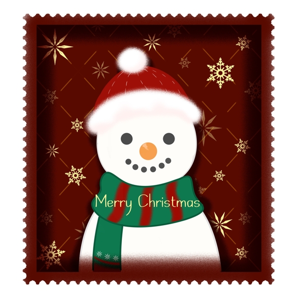 手绘圣诞节邮票卡通雪人雪花褐色贴纸可商用