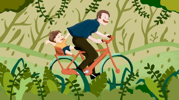 原创插画父亲节骑自行车玩耍开心