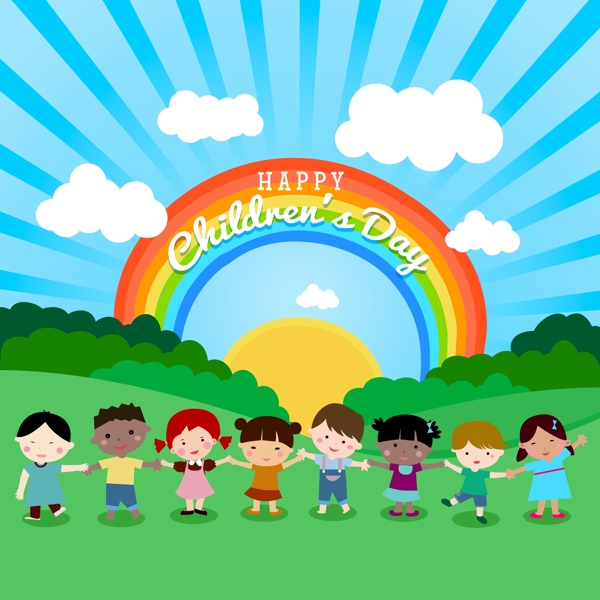 卡通彩虹下的儿童节人的元素设计