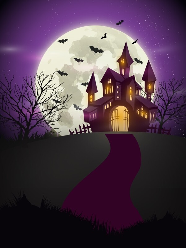 紫色万圣节圆月城堡海报背景素材
