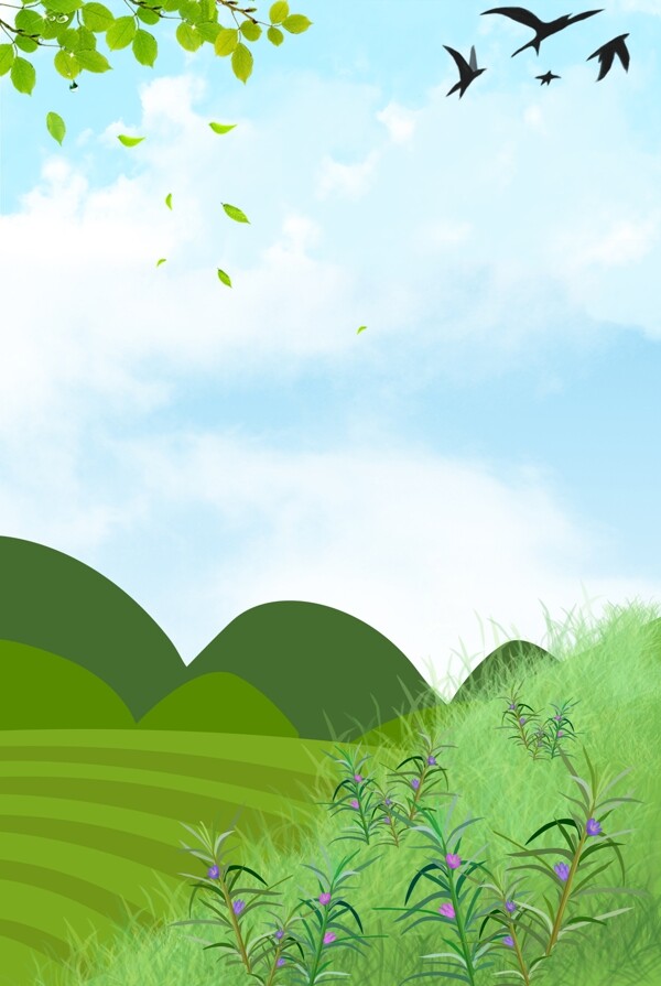 手绘卡通绿色风景春天时节背景