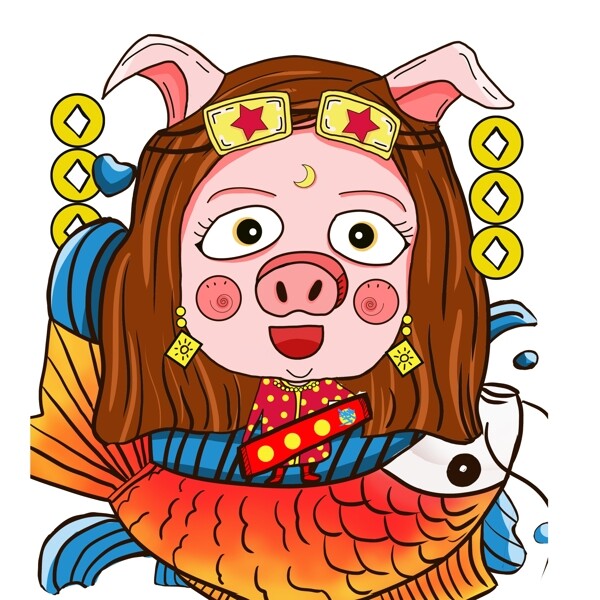喜庆锦鲤和猪猪女孩潮漫设计
