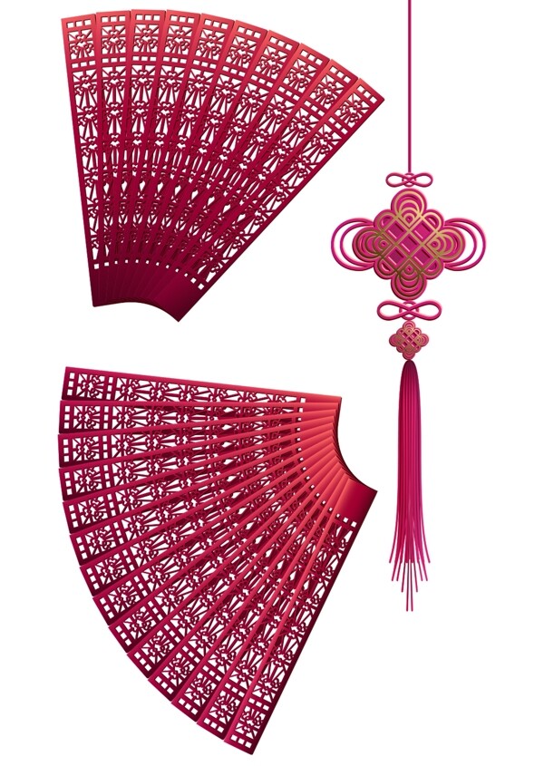 中国风新年红色浮雕3D扇子中国结元素