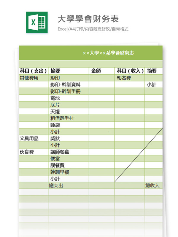 大學學會财务表excel模板