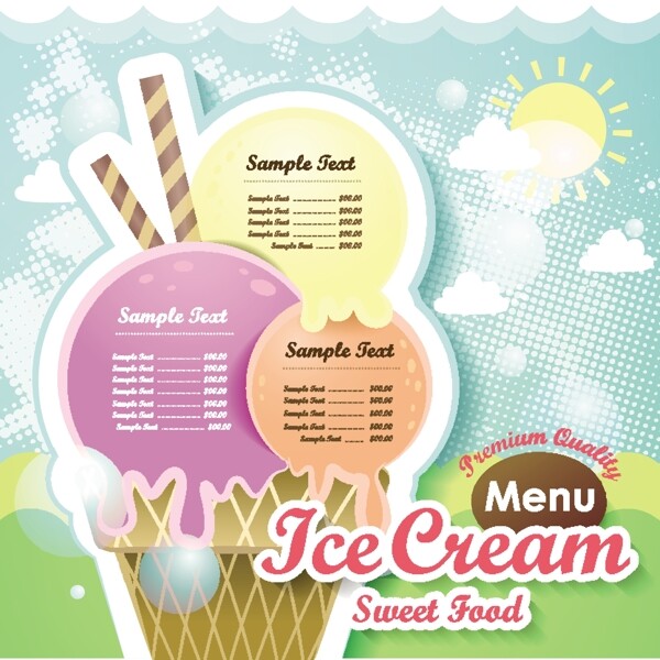 冰淇淋甜的食物菜单设计矢量