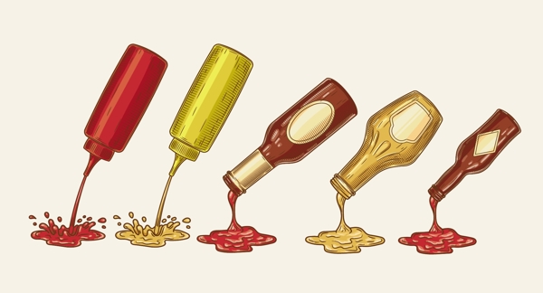 矢量雕刻风格设置不同的酱汁浇在瓶插图