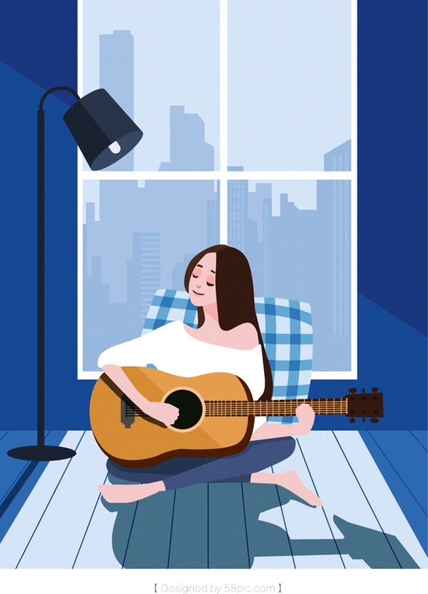 叙事性插画深蓝色弹吉他的女孩原创扁平吉他少女小清新插画