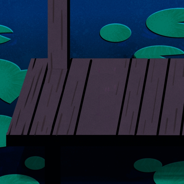 荷叶池塘里的黑色木屋卡通背景
