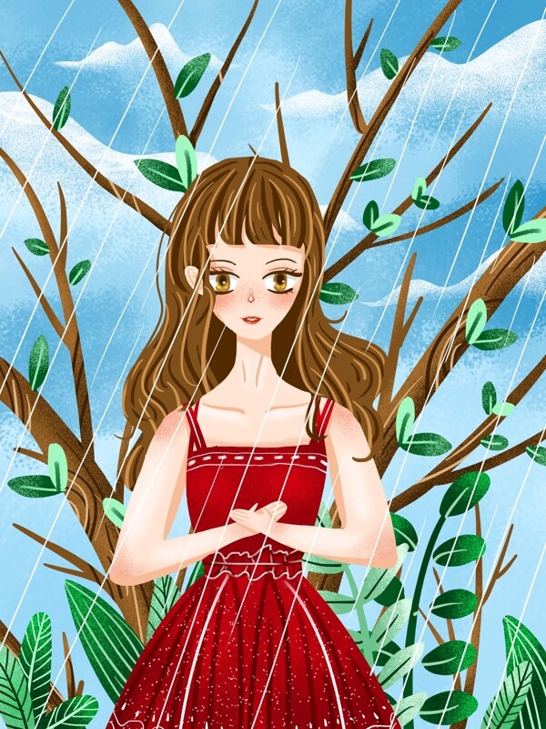 原创谷雨雨中红裙子女孩