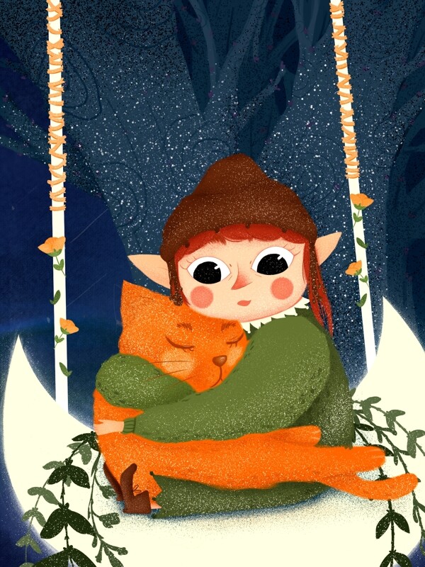 月亮秋千上的橘猫在小精灵的怀抱里安然入睡