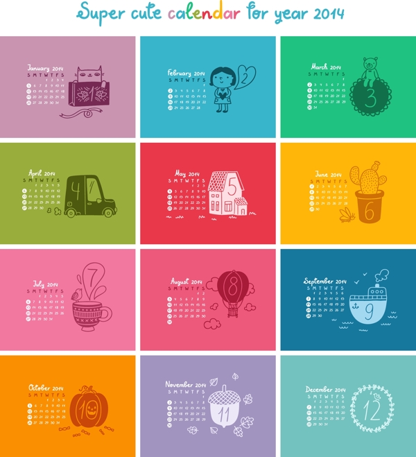 2014日历的彩色格子矢量素材