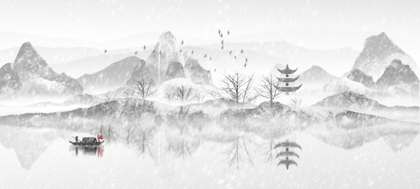 冬季雪景水墨插画