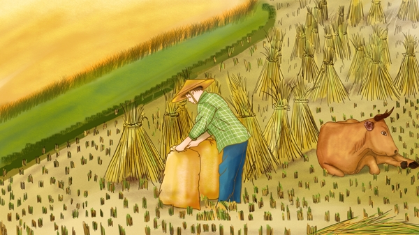 劳动节插画粒粒皆辛苦农民在收稻谷