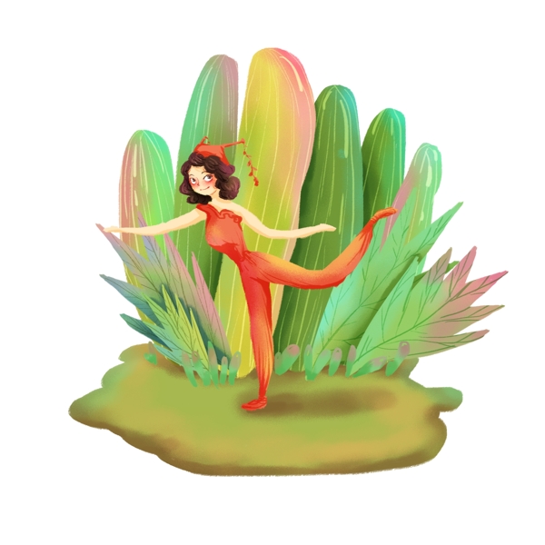 手绘小清热带绿植前跳舞的人插图素材