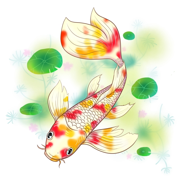 商用新年红色黄色锦鲤新春鲤鱼飘逸装饰图案