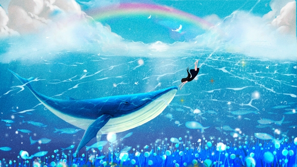 唯美清新梦幻鲸鱼治愈系海蓝时见鲸插画