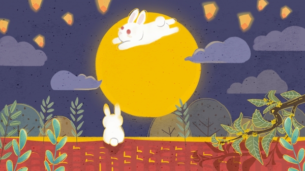 复古肌理中秋兔子月亮插画