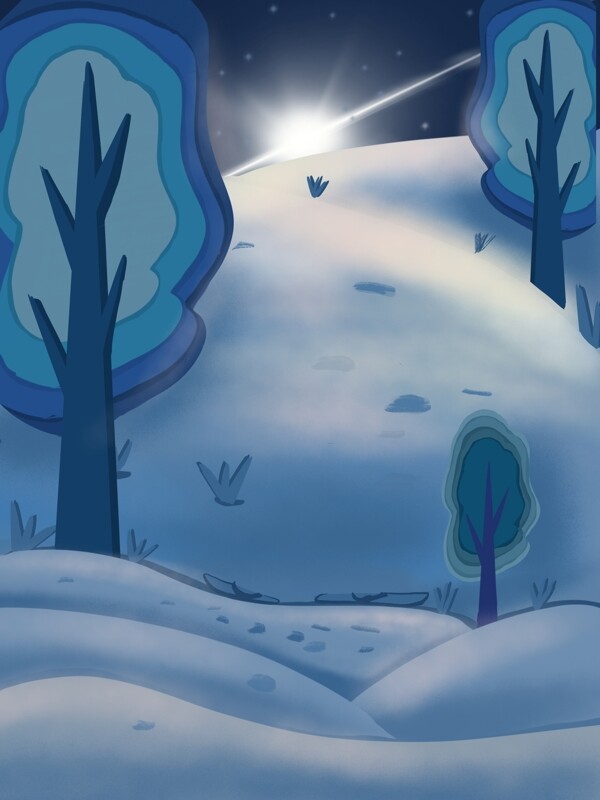 唯美蓝色雪地光束树林背景设计