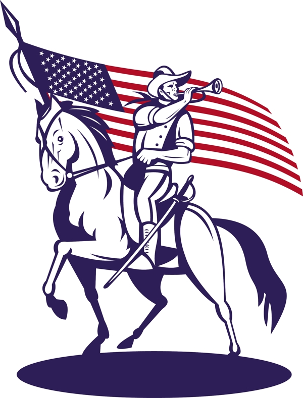 美国骑兵骑着马喇叭和旗帜