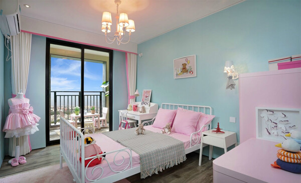 美式清新蓝粉少女风卧室背景墙效果图