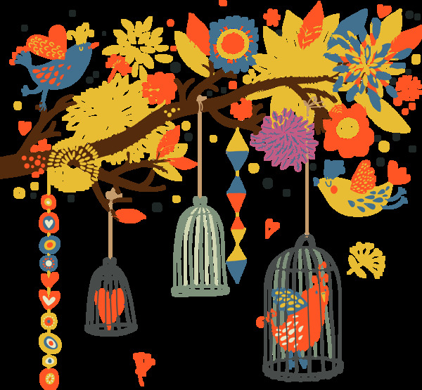 清新雅致橙色花纹鸟笼装饰元素