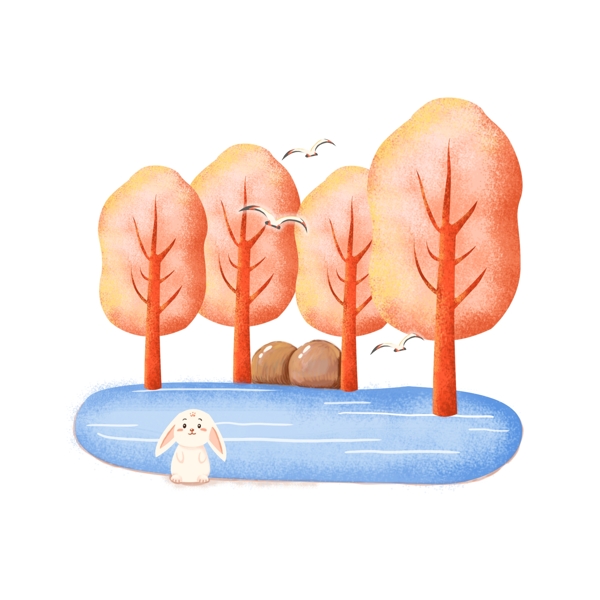 植物树湖泊兔子自然装饰手绘梦幻可商用元素
