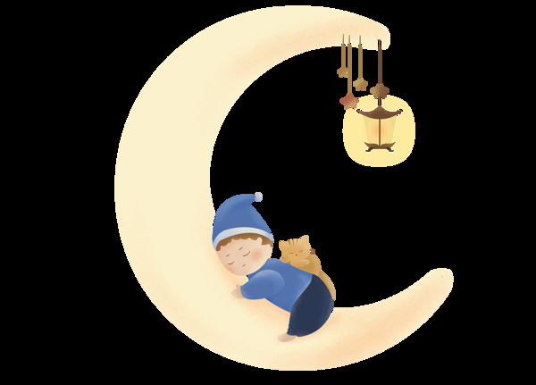 清新手绘男孩在月亮上睡觉png元素