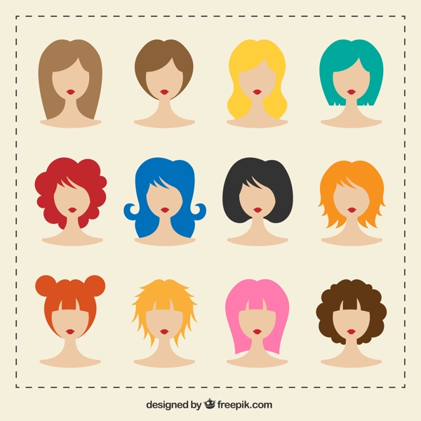 12款彩色头发女子头像矢量图