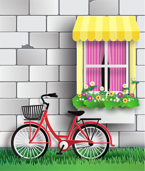 鲜花窗户自行车图片