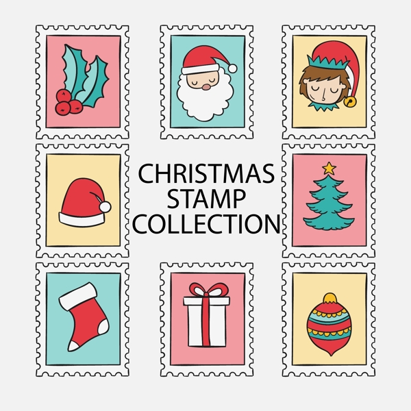 手绘的圣诞节邮票标签素材