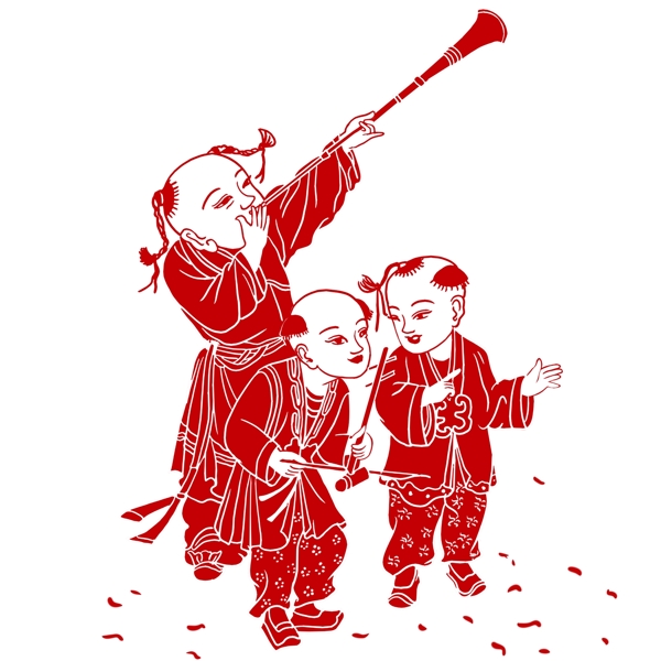 手绘复古中国风玩乐器的小孩