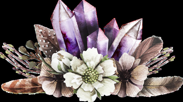 手绘紫色水晶陪三朵花透明装饰图案