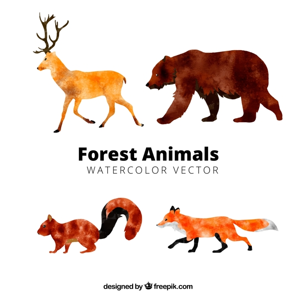 4款水彩绘动感森林动物矢量