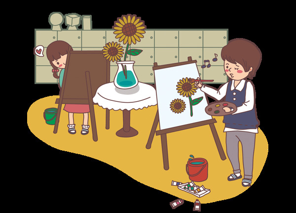 卡通男孩女孩在画板上画向日葵png元素