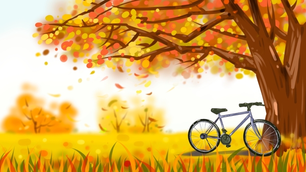 秋天里的大树与自行车原创插画