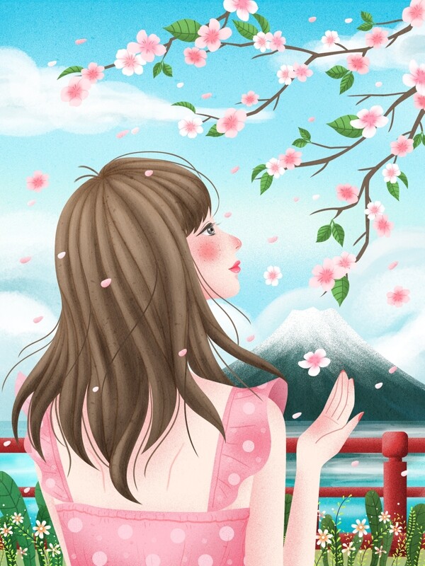 日本樱花节清新唯美女孩赏樱手绘插画