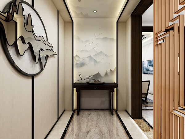 新中式家居客厅玄关装饰效果图