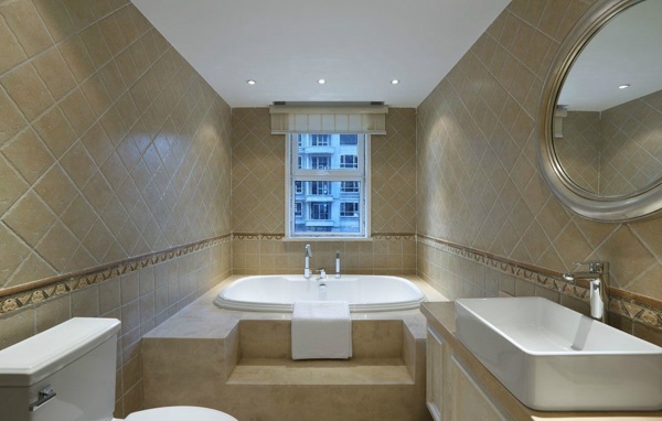 现代时尚浴室浅褐色格子背景墙室内装修图