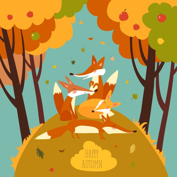 秋季森林中可爱狐狸元素矢量图