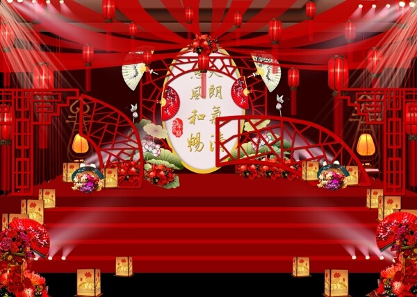 喜庆红中式风格红绸带婚庆背景婚礼效果图