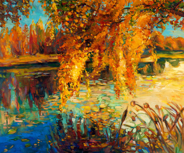 绚丽的河面树林秋景油画图片